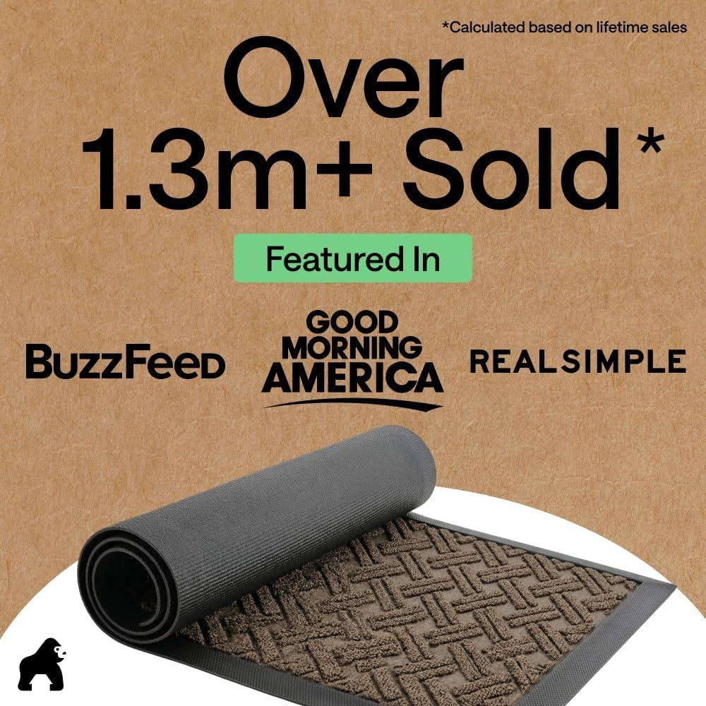 image:imageGORILLA GRIP 100 Waterproof AllSeason WeatherMAX Doormat US Designed Natural Rubber Stain Fade Resistant Low Profile Indoor Outdoor Door Mats Easy Clean 29x17 Gray DiamondTaupe Basket Weave