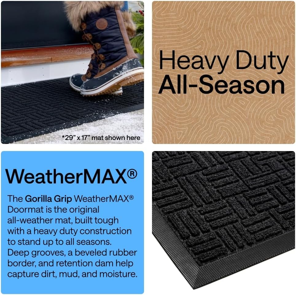 image:imageGORILLA GRIP 100 Waterproof AllSeason WeatherMAX Doormat US Designed Natural Rubber Stain Fade Resistant Low Profile Indoor Outdoor Door Mats Easy Clean 29x17 Gray DiamondBlack Maze