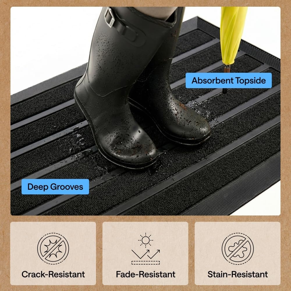 image:imageGORILLA GRIP 100 Waterproof AllSeason WeatherMAX Doormat US Designed Natural Rubber Stain Fade Resistant Low Profile Indoor Outdoor Door Mats Easy Clean 29x17 Gray DiamondBlack Stripe