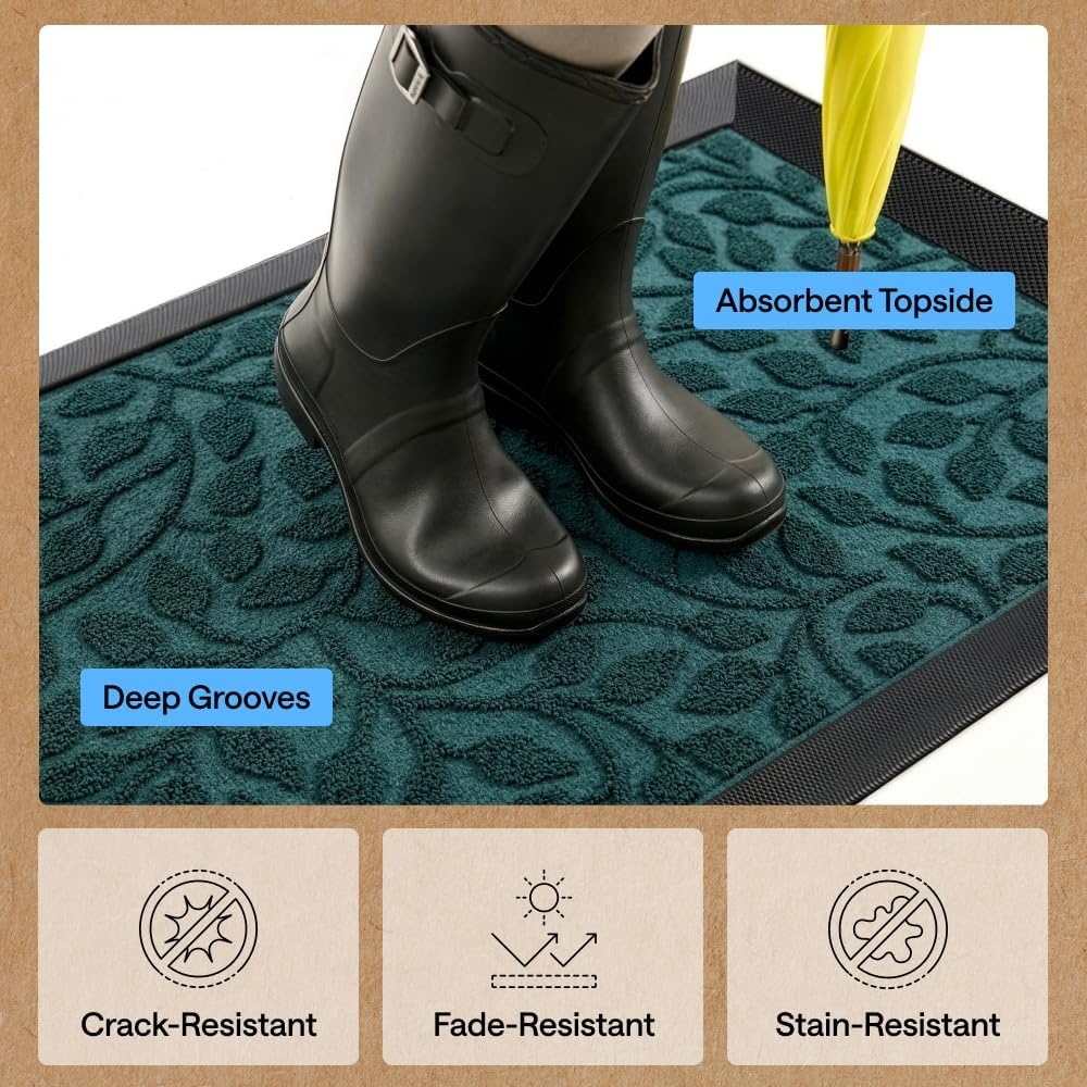 image:imageGORILLA GRIP 100 Waterproof AllSeason WeatherMAX Doormat US Designed Natural Rubber Stain Fade Resistant Low Profile Indoor Outdoor Door Mats Easy Clean 29x17 Gray DiamondMoss Vine Leaves