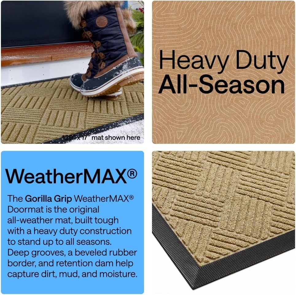 image:imageGORILLA GRIP 100 Waterproof AllSeason WeatherMAX Doormat US Designed Natural Rubber Stain Fade Resistant Low Profile Indoor Outdoor Door Mats Easy Clean 29x17 Gray DiamondBeige Diamond