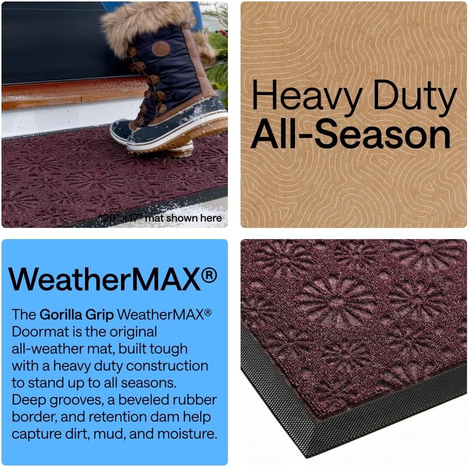 image:imageGORILLA GRIP 100 Waterproof AllSeason WeatherMAX Doormat US Designed Natural Rubber Stain Fade Resistant Low Profile Indoor Outdoor Door Mats Easy Clean 29x17 Gray DiamondPurple Confetti Daisy