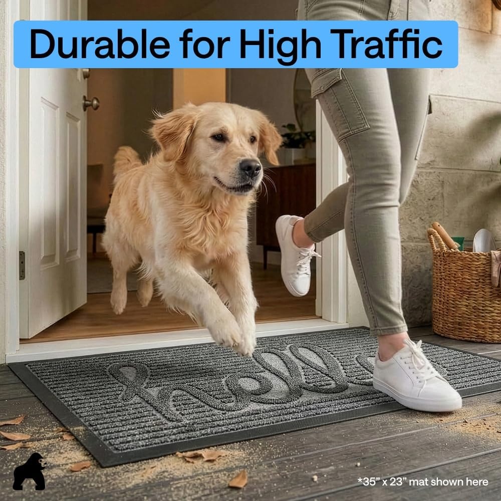image:imageGORILLA GRIP 100 Waterproof AllSeason WeatherMAX Doormat US Designed Natural Rubber Stain Fade Resistant Low Profile Indoor Outdoor Door Mats Easy Clean 29x17 Gray DiamondCharcoal Hello