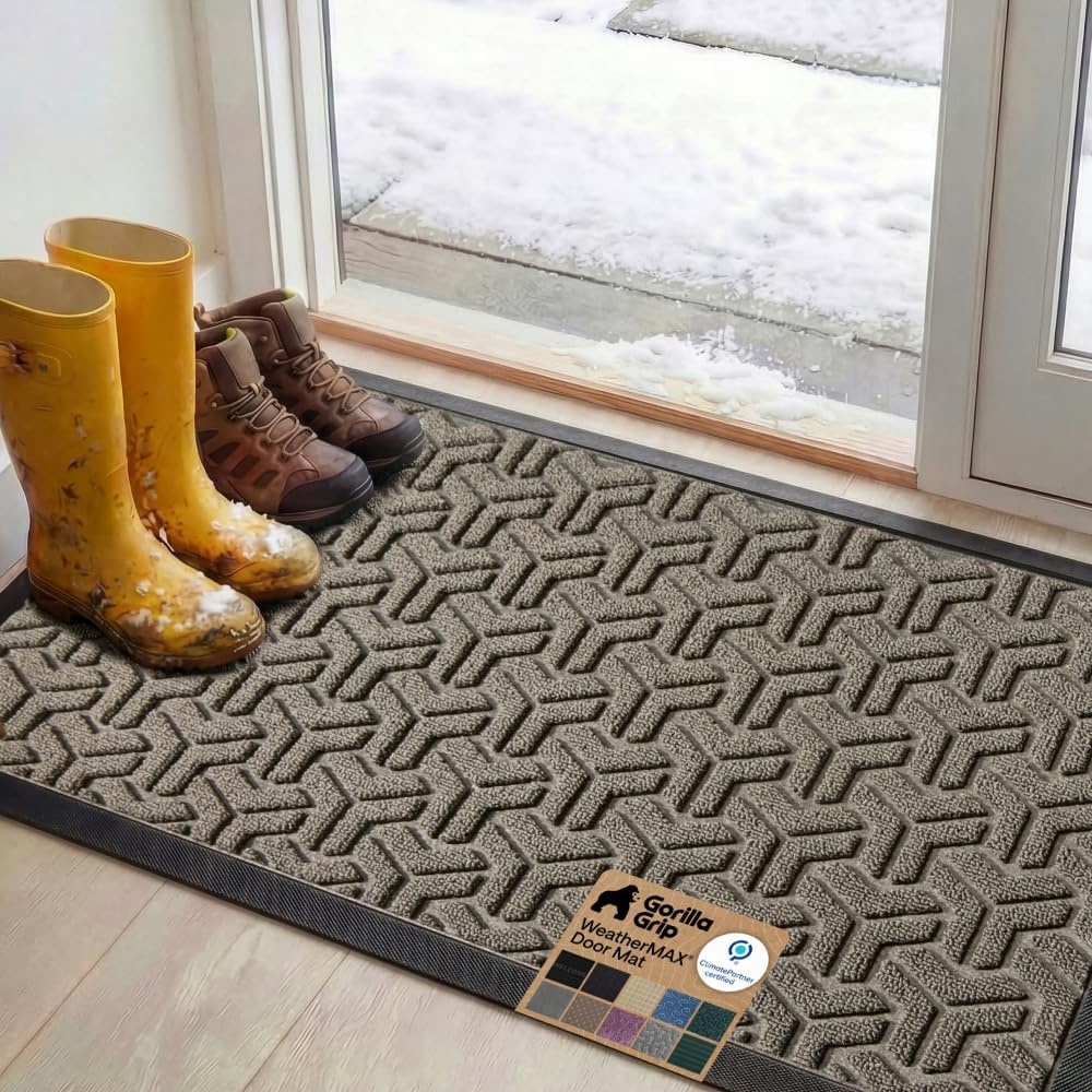 image:imageGORILLA GRIP 100 Waterproof AllSeason WeatherMAX Doormat US Designed Natural Rubber Stain Fade Resistant Low Profile Indoor Outdoor Door Mats Easy Clean 29x17 Gray DiamondSlate Geometric