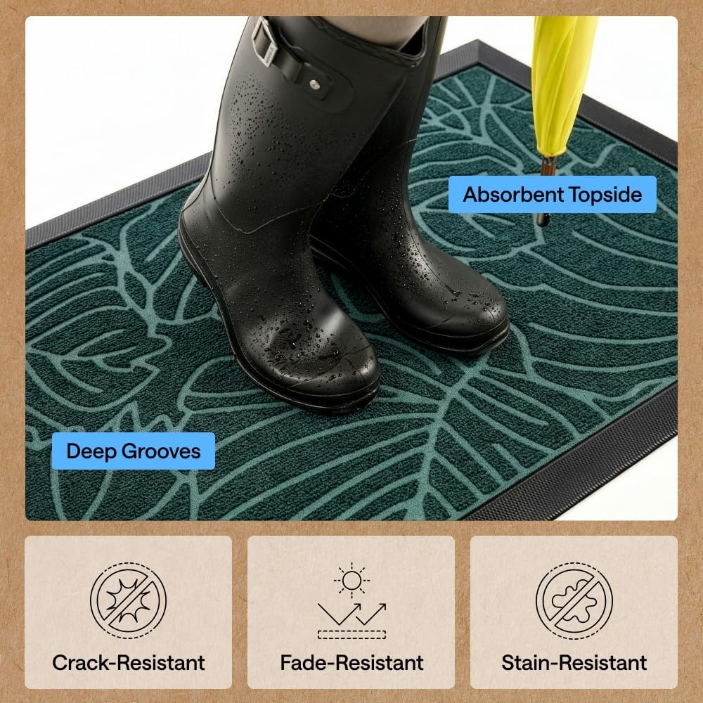 image:imageGORILLA GRIP 100 Waterproof AllSeason WeatherMAX Doormat US Designed Natural Rubber Stain Fade Resistant Low Profile Indoor Outdoor Door Mats Easy Clean 29x17 Gray DiamondGreen Palm
