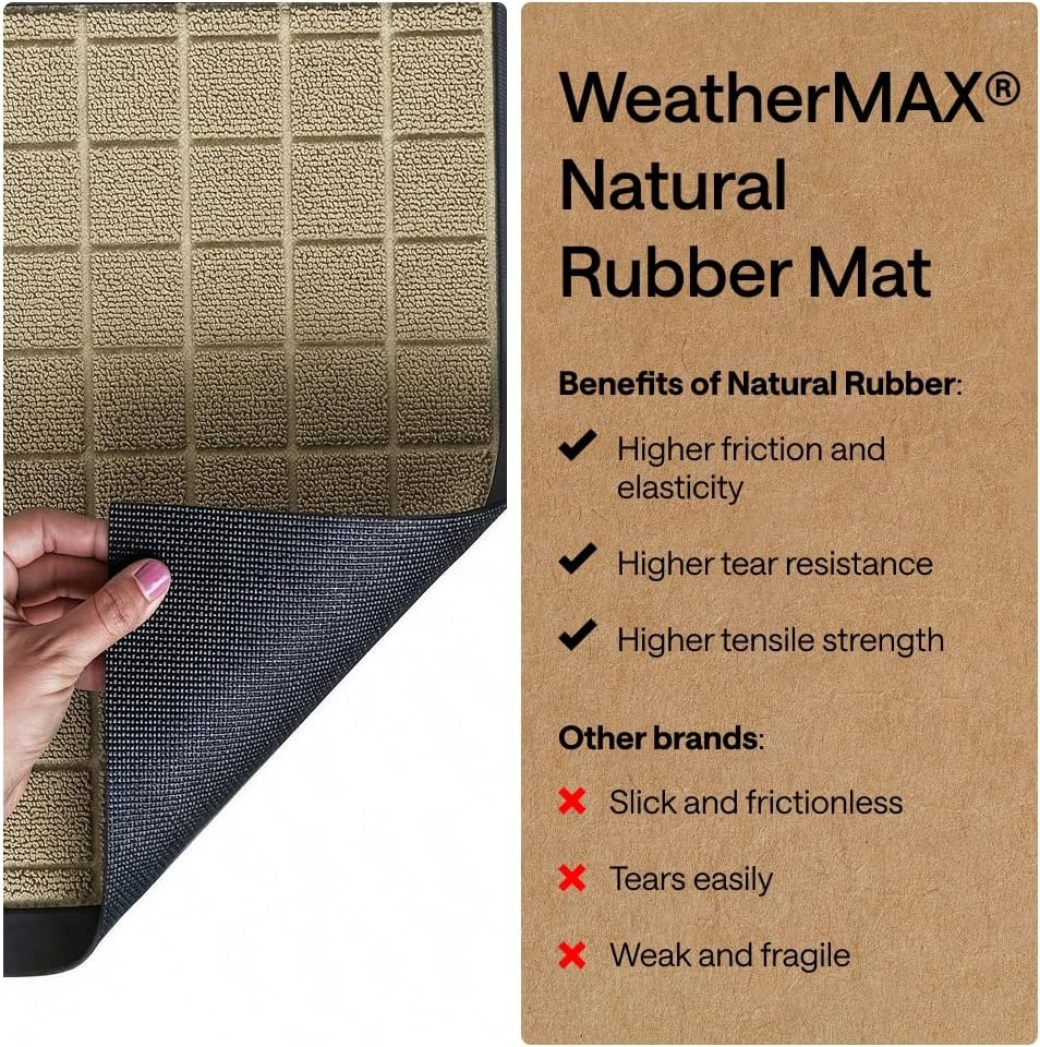 image:imageGORILLA GRIP 100 Waterproof AllSeason WeatherMAX Doormat US Designed Natural Rubber Stain Fade Resistant Low Profile Indoor Outdoor Door Mats Easy Clean 29x17 Gray DiamondTaupe Grid