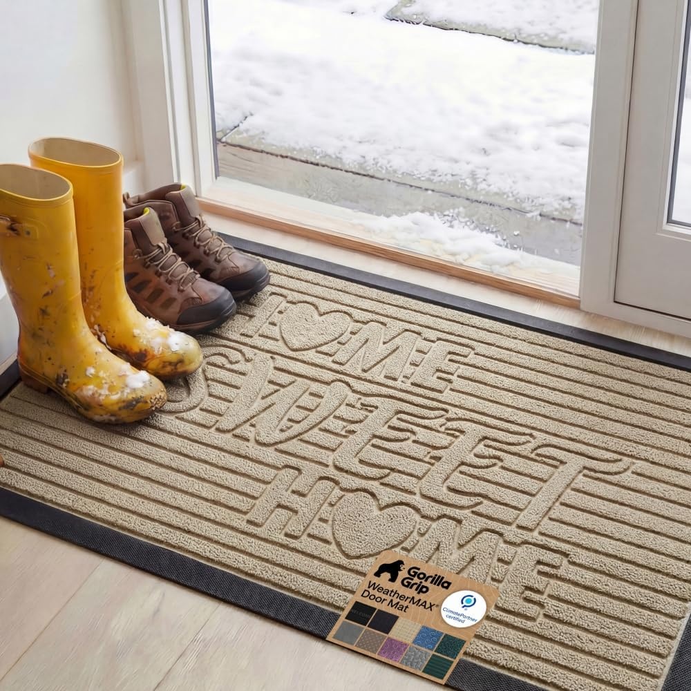 image:imageGORILLA GRIP 100 Waterproof AllSeason WeatherMAX Doormat US Designed Natural Rubber Stain Fade Resistant Low Profile Indoor Outdoor Door Mats Easy Clean 29x17 Gray DiamondAlmond Home Sweet Home
