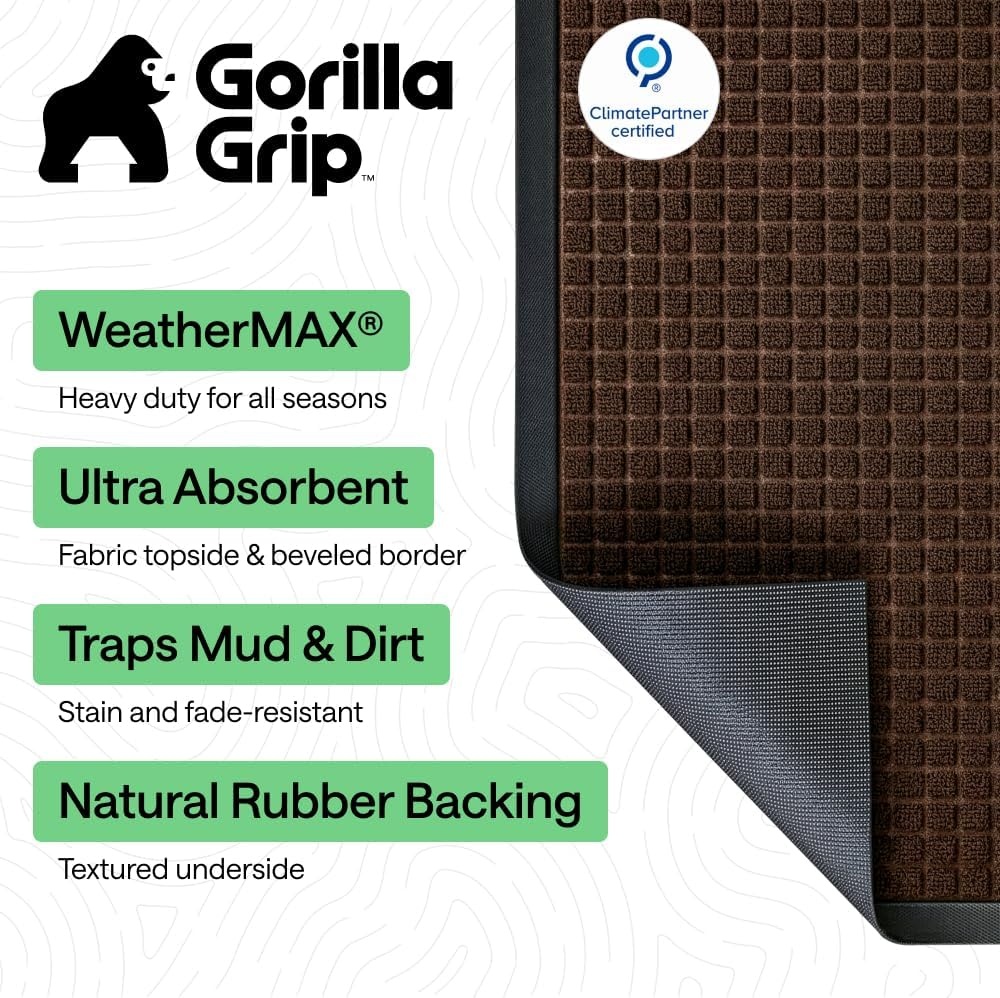 image:imageGORILLA GRIP 100 Waterproof AllSeason WeatherMAX Doormat US Designed Natural Rubber Stain Fade Resistant Low Profile Indoor Outdoor Door Mats Easy Clean 29x17 Gray DiamondCoffee Squares