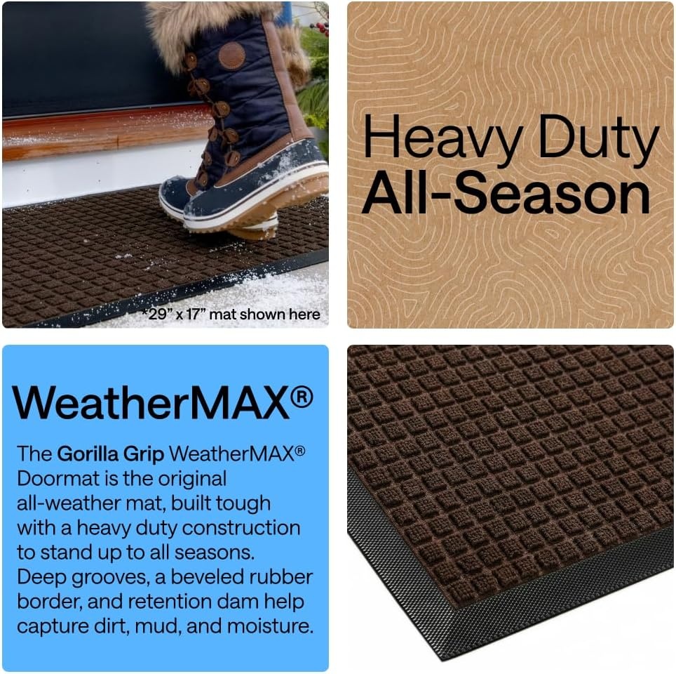 image:imageGORILLA GRIP 100 Waterproof AllSeason WeatherMAX Doormat US Designed Natural Rubber Stain Fade Resistant Low Profile Indoor Outdoor Door Mats Easy Clean 29x17 Gray DiamondCoffee Squares