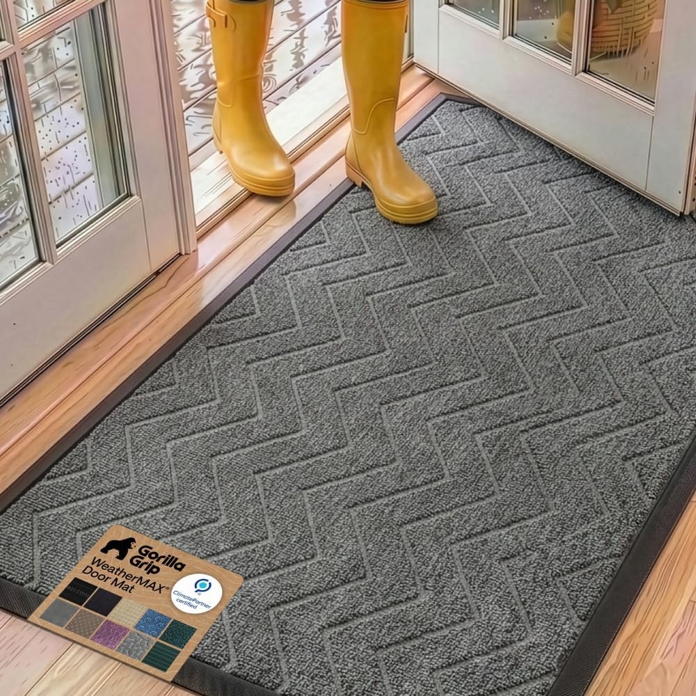 image:imageGORILLA GRIP 100 Waterproof AllSeason WeatherMAX Doormat US Designed Natural Rubber Stain Fade Resistant Low Profile Indoor Outdoor Door Mats Easy Clean 29x17 Gray DiamondSteel Chevron