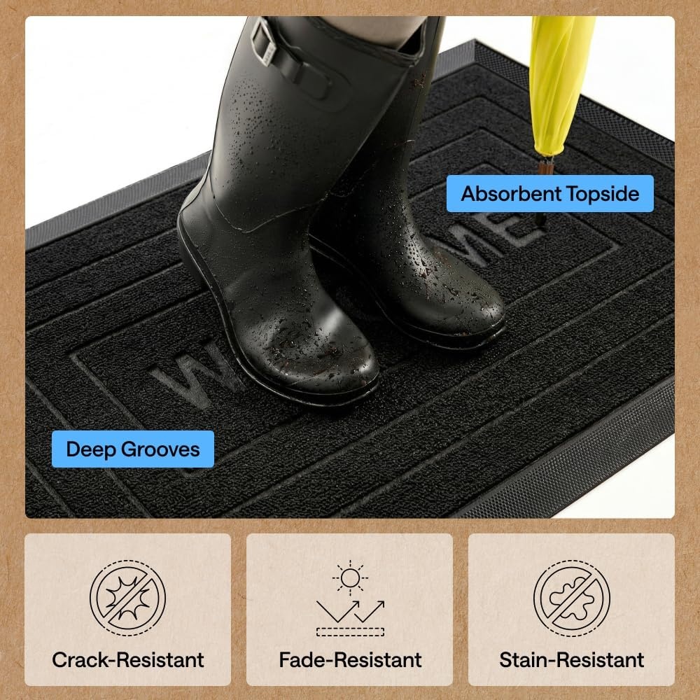 image:imageGORILLA GRIP 100 Waterproof AllSeason WeatherMAX Doormat US Designed Natural Rubber Stain Fade Resistant Low Profile Indoor Outdoor Door Mats Easy Clean 29x17 Gray DiamondBlack Welcome