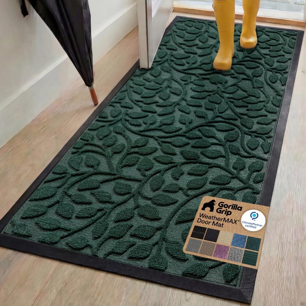 image:imageGORILLA GRIP 100 Waterproof AllSeason WeatherMAX Doormat US Designed Natural Rubber Stain Fade Resistant Low Profile Indoor Outdoor Door Mats Easy Clean 29x17 Gray DiamondMoss Vine Leaves