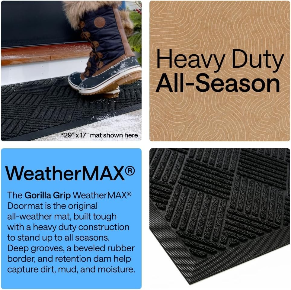 image:imageGORILLA GRIP 100 Waterproof AllSeason WeatherMAX Doormat US Designed Natural Rubber Stain Fade Resistant Low Profile Indoor Outdoor Door Mats Easy Clean 29x17 Gray DiamondBlack Diamond