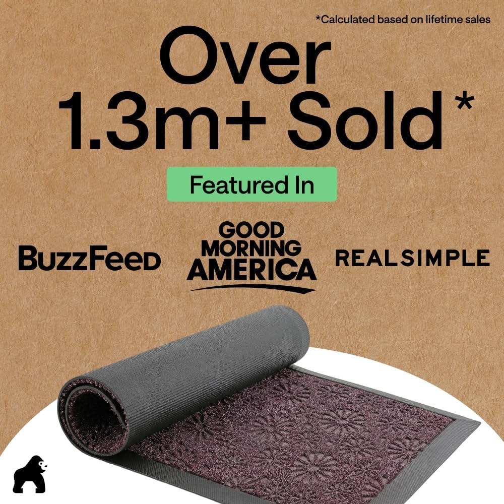 image:imageGORILLA GRIP 100 Waterproof AllSeason WeatherMAX Doormat US Designed Natural Rubber Stain Fade Resistant Low Profile Indoor Outdoor Door Mats Easy Clean 29x17 Gray DiamondPurple Confetti Daisy