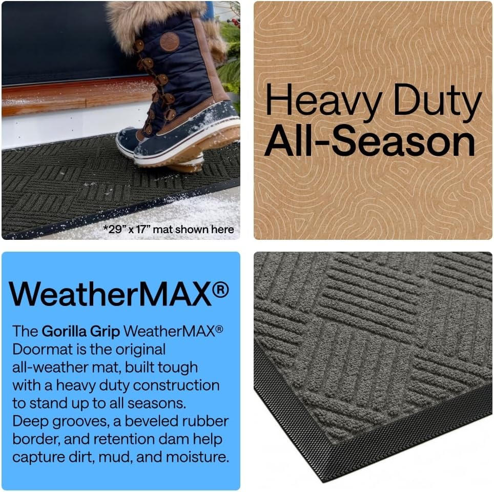 image:imageGORILLA GRIP 100 Waterproof AllSeason WeatherMAX Doormat US Designed Natural Rubber Stain Fade Resistant Low Profile Indoor Outdoor Door Mats Easy Clean 29x17 Gray DiamondGray Diamond