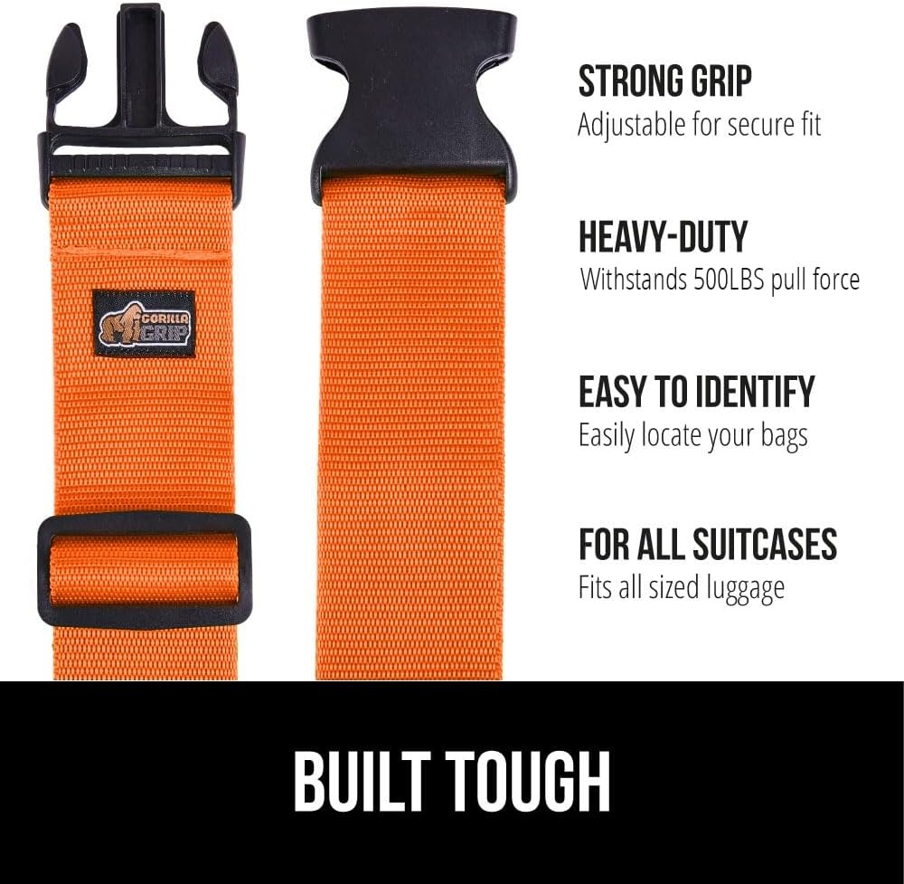 image:imageGORILLA GRIP Heavy Duty Adjustable Luggage Straps for Suitcases Easy to Identify Travel Belt Connector Holds Suitcase Together Extends Life of Bag Strap Connects Two Bags Accessories 2 Pack GreenOrange