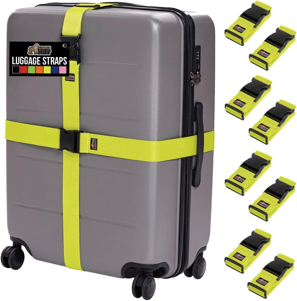 image:imageGORILLA GRIP Heavy Duty Adjustable Luggage Straps for Suitcases Easy to Identify Travel Belt Connector Holds Suitcase Together Extends Life of Bag Strap Connects Two Bags Accessories 2 Pack GreenYellow