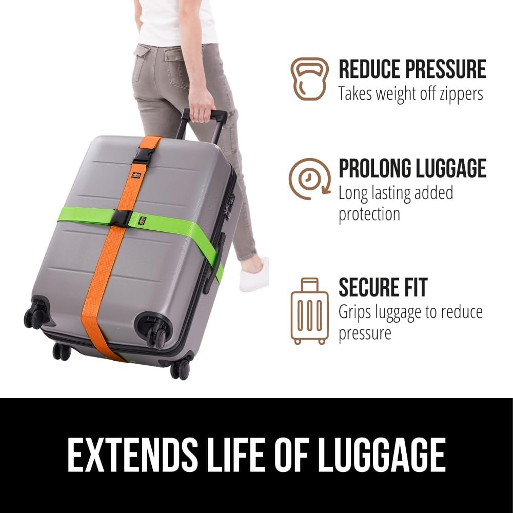 image:imageGORILLA GRIP Heavy Duty Adjustable Luggage Straps for Suitcases Easy to Identify Travel Belt Connector Holds Suitcase Together Extends Life of Bag Strap Connects Two Bags Accessories 2 Pack GreenGreenOrange