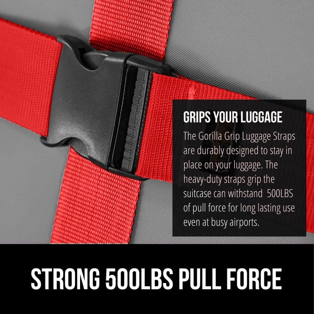 image:imageGORILLA GRIP Heavy Duty Adjustable Luggage Straps for Suitcases Easy to Identify Travel Belt Connector Holds Suitcase Together Extends Life of Bag Strap Connects Two Bags Accessories 2 Pack GreenRed