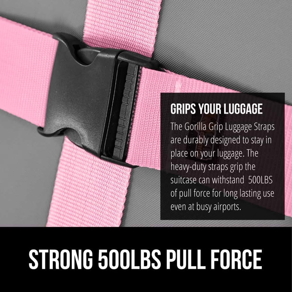 image:imageGORILLA GRIP Heavy Duty Adjustable Luggage Straps for Suitcases Easy to Identify Travel Belt Connector Holds Suitcase Together Extends Life of Bag Strap Connects Two Bags Accessories 2 Pack GreenPink