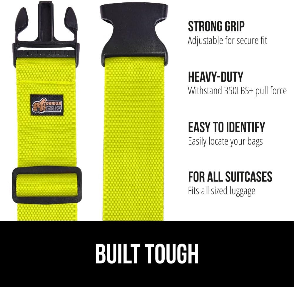 image:imageGORILLA GRIP Heavy Duty Adjustable Luggage Straps for Suitcases Easy to Identify Travel Belt Connector Holds Suitcase Together Extends Life of Bag Strap Connects Two Bags Accessories 2 Pack GreenYellow