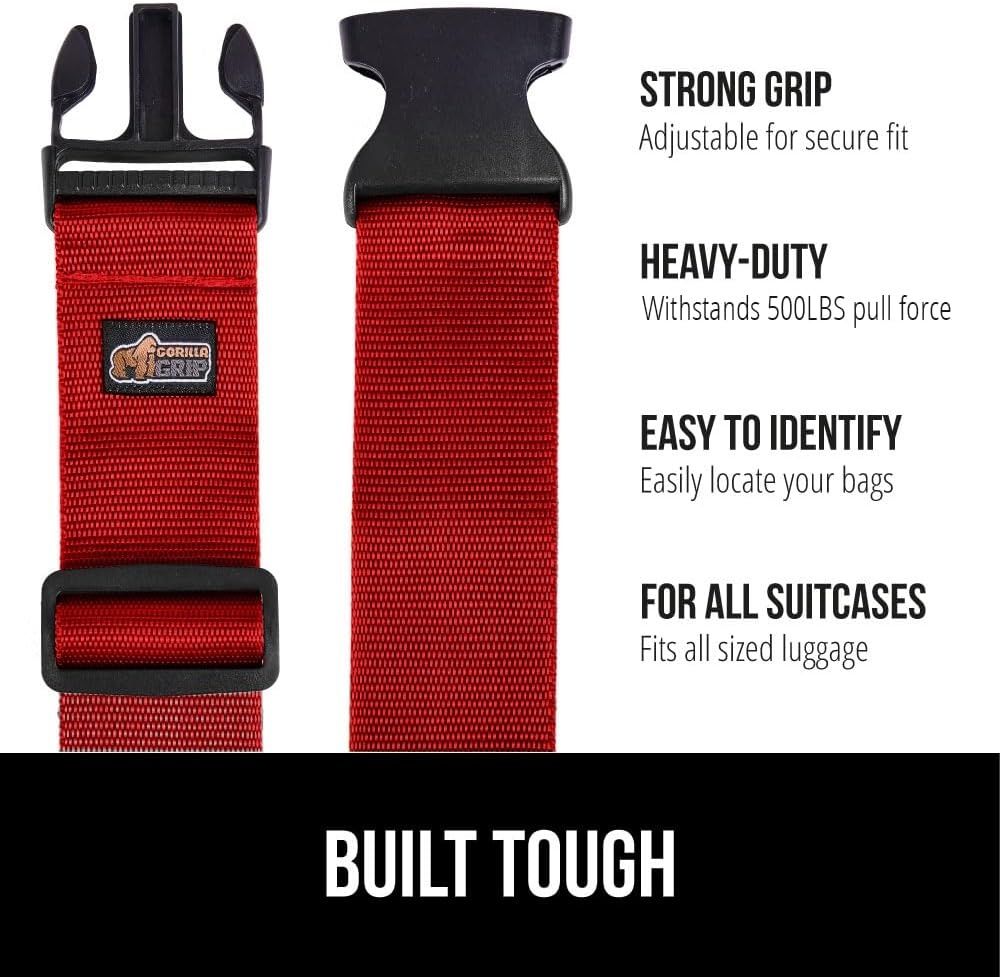 image:imageGORILLA GRIP Heavy Duty Adjustable Luggage Straps for Suitcases Easy to Identify Travel Belt Connector Holds Suitcase Together Extends Life of Bag Strap Connects Two Bags Accessories 2 Pack GreenRed