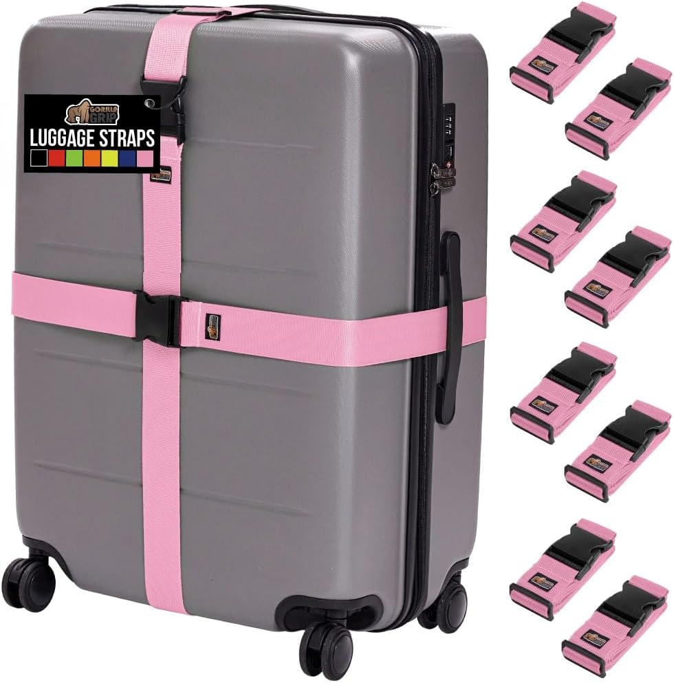 image:imageGORILLA GRIP Heavy Duty Adjustable Luggage Straps for Suitcases Easy to Identify Travel Belt Connector Holds Suitcase Together Extends Life of Bag Strap Connects Two Bags Accessories 2 Pack GreenPink