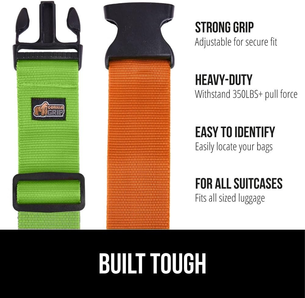 image:imageGORILLA GRIP Heavy Duty Adjustable Luggage Straps for Suitcases Easy to Identify Travel Belt Connector Holds Suitcase Together Extends Life of Bag Strap Connects Two Bags Accessories 2 Pack GreenGreenOrange