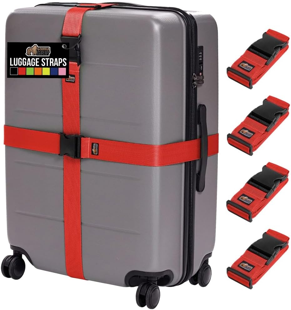 image:imageGORILLA GRIP Heavy Duty Adjustable Luggage Straps for Suitcases Easy to Identify Travel Belt Connector Holds Suitcase Together Extends Life of Bag Strap Connects Two Bags Accessories 2 Pack GreenRed