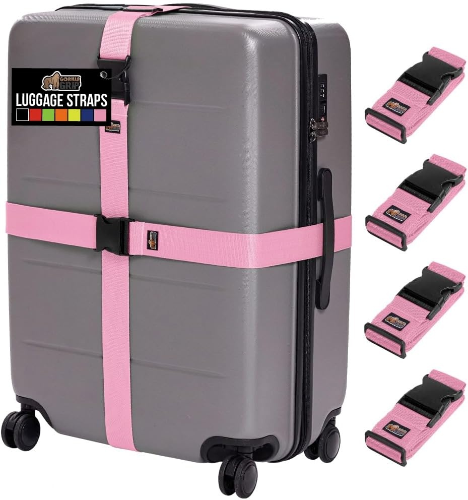 image:imageGORILLA GRIP Heavy Duty Adjustable Luggage Straps for Suitcases Easy to Identify Travel Belt Connector Holds Suitcase Together Extends Life of Bag Strap Connects Two Bags Accessories 2 Pack GreenPink