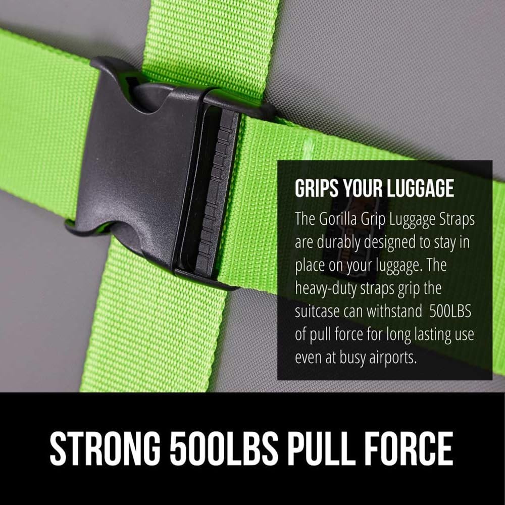image:imageGORILLA GRIP Heavy Duty Adjustable Luggage Straps for Suitcases Easy to Identify Travel Belt Connector Holds Suitcase Together Extends Life of Bag Strap Connects Two Bags Accessories 2 Pack GreenGreen