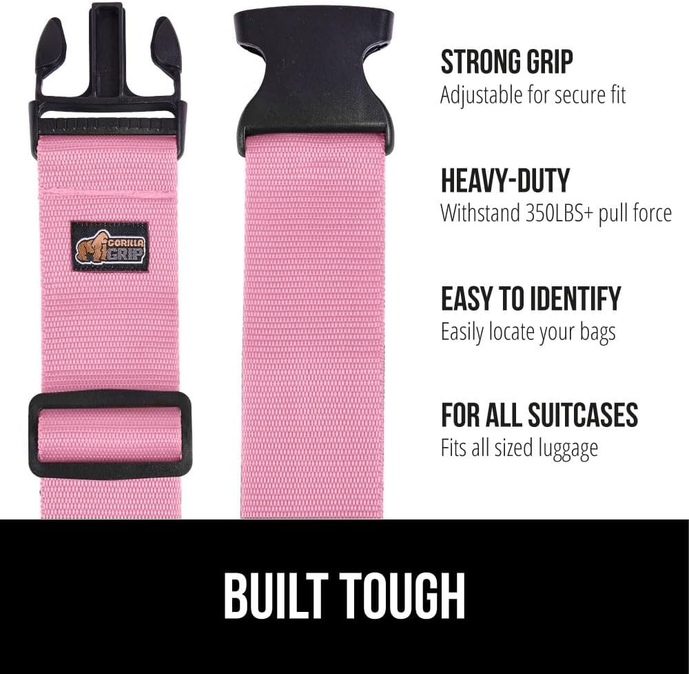 image:imageGORILLA GRIP Heavy Duty Adjustable Luggage Straps for Suitcases Easy to Identify Travel Belt Connector Holds Suitcase Together Extends Life of Bag Strap Connects Two Bags Accessories 2 Pack GreenPink