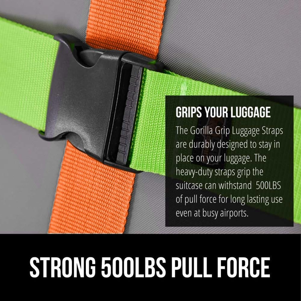 image:imageGORILLA GRIP Heavy Duty Adjustable Luggage Straps for Suitcases Easy to Identify Travel Belt Connector Holds Suitcase Together Extends Life of Bag Strap Connects Two Bags Accessories 2 Pack GreenGreenOrange