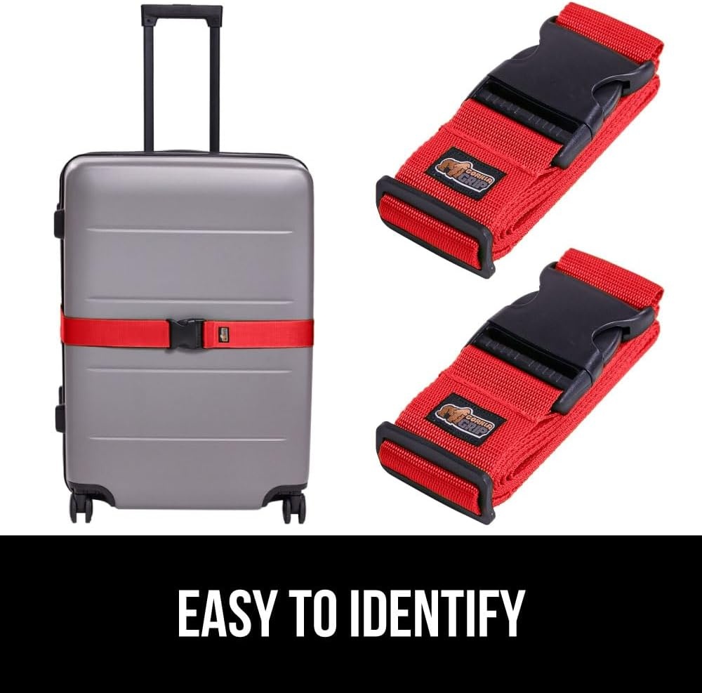 image:imageGORILLA GRIP Heavy Duty Adjustable Luggage Straps for Suitcases Easy to Identify Travel Belt Connector Holds Suitcase Together Extends Life of Bag Strap Connects Two Bags Accessories 2 Pack GreenRed