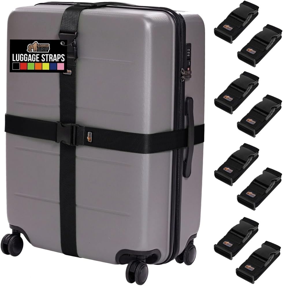 image:imageGORILLA GRIP Heavy Duty Adjustable Luggage Straps for Suitcases Easy to Identify Travel Belt Connector Holds Suitcase Together Extends Life of Bag Strap Connects Two Bags Accessories 2 Pack GreenBlack
