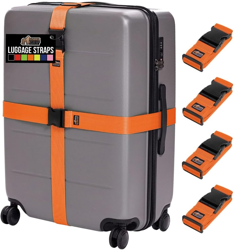 image:imageGORILLA GRIP Heavy Duty Adjustable Luggage Straps for Suitcases Easy to Identify Travel Belt Connector Holds Suitcase Together Extends Life of Bag Strap Connects Two Bags Accessories 2 Pack GreenOrange