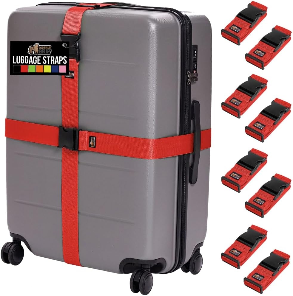 image:imageGORILLA GRIP Heavy Duty Adjustable Luggage Straps for Suitcases Easy to Identify Travel Belt Connector Holds Suitcase Together Extends Life of Bag Strap Connects Two Bags Accessories 2 Pack GreenRed