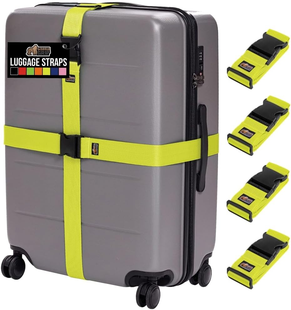 image:imageGORILLA GRIP Heavy Duty Adjustable Luggage Straps for Suitcases Easy to Identify Travel Belt Connector Holds Suitcase Together Extends Life of Bag Strap Connects Two Bags Accessories 2 Pack GreenYellow