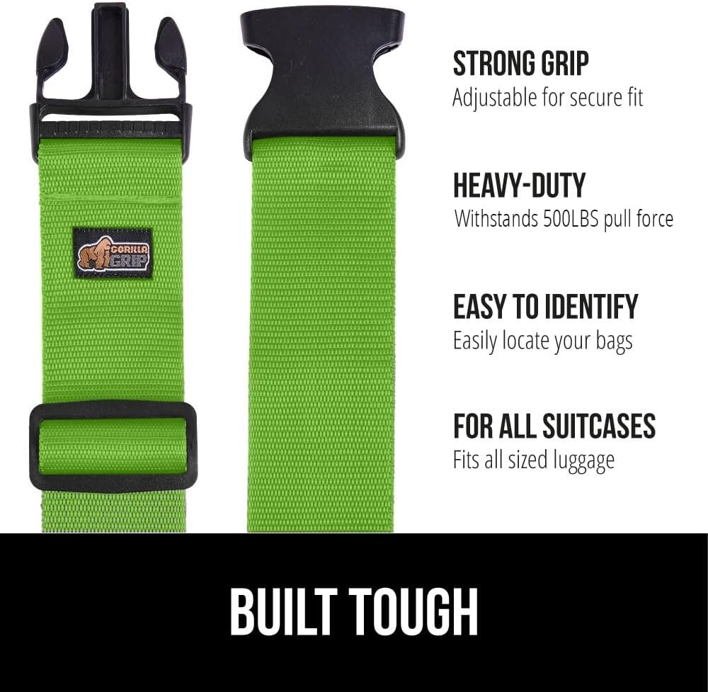 image:imageGORILLA GRIP Heavy Duty Adjustable Luggage Straps for Suitcases Easy to Identify Travel Belt Connector Holds Suitcase Together Extends Life of Bag Strap Connects Two Bags Accessories 2 Pack GreenGreen
