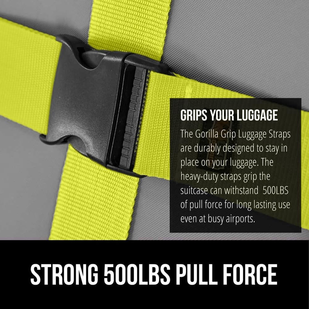 image:imageGORILLA GRIP Heavy Duty Adjustable Luggage Straps for Suitcases Easy to Identify Travel Belt Connector Holds Suitcase Together Extends Life of Bag Strap Connects Two Bags Accessories 2 Pack GreenYellow