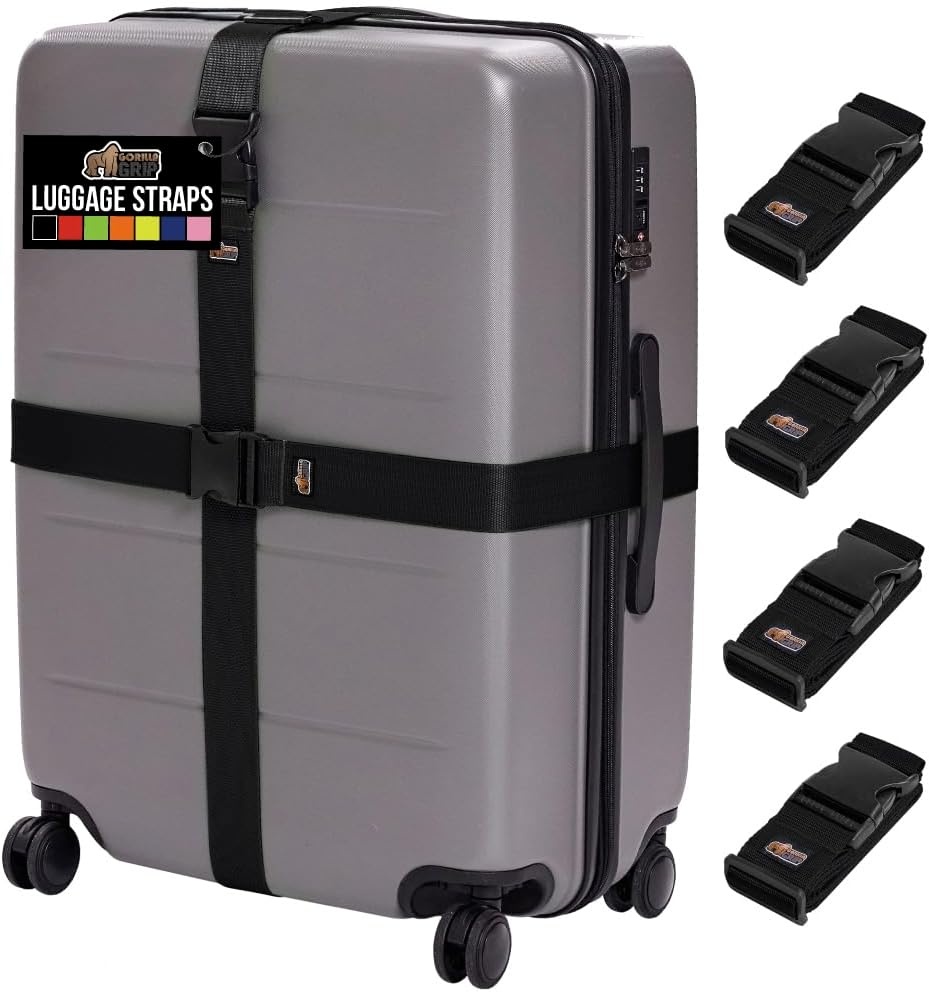image:imageGORILLA GRIP Heavy Duty Adjustable Luggage Straps for Suitcases Easy to Identify Travel Belt Connector Holds Suitcase Together Extends Life of Bag Strap Connects Two Bags Accessories 2 Pack GreenBlack