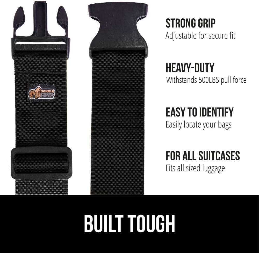 image:imageGORILLA GRIP Heavy Duty Adjustable Luggage Straps for Suitcases Easy to Identify Travel Belt Connector Holds Suitcase Together Extends Life of Bag Strap Connects Two Bags Accessories 2 Pack GreenBlack