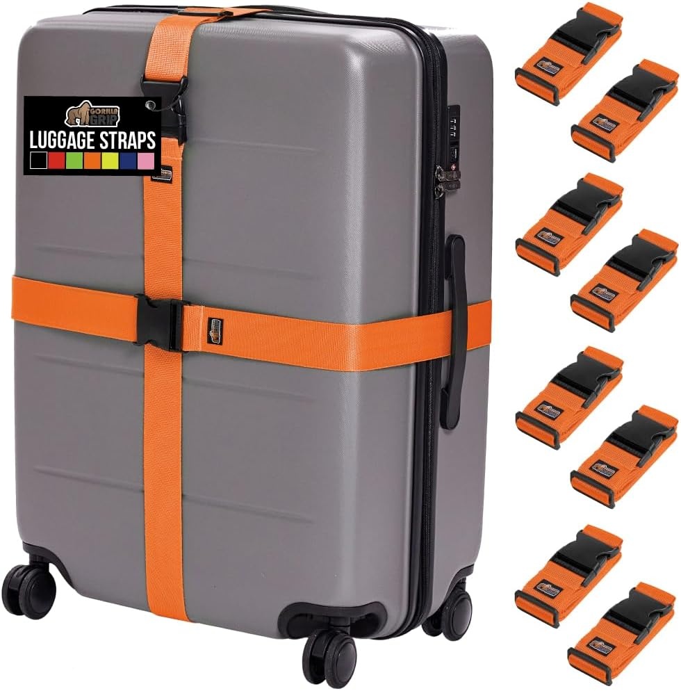 image:imageGORILLA GRIP Heavy Duty Adjustable Luggage Straps for Suitcases Easy to Identify Travel Belt Connector Holds Suitcase Together Extends Life of Bag Strap Connects Two Bags Accessories 2 Pack GreenOrange