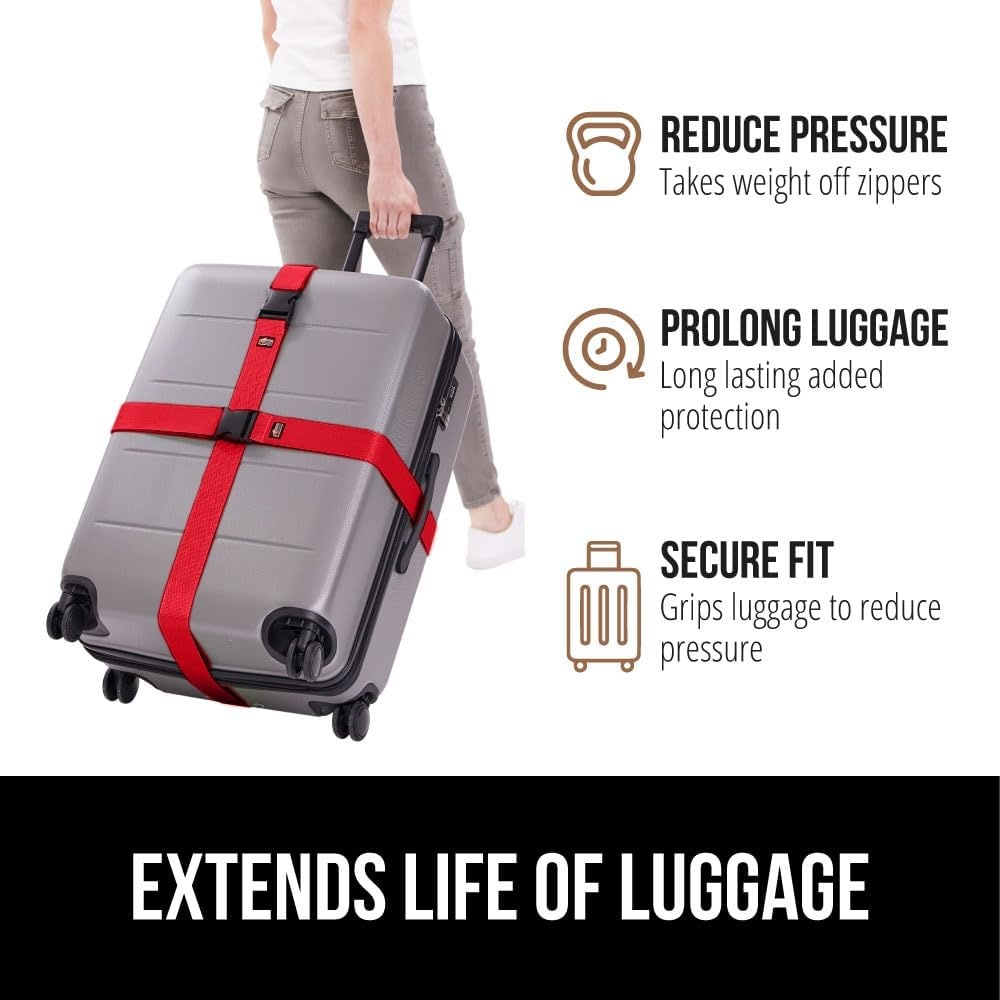 image:imageGORILLA GRIP Heavy Duty Adjustable Luggage Straps for Suitcases Easy to Identify Travel Belt Connector Holds Suitcase Together Extends Life of Bag Strap Connects Two Bags Accessories 2 Pack GreenRed