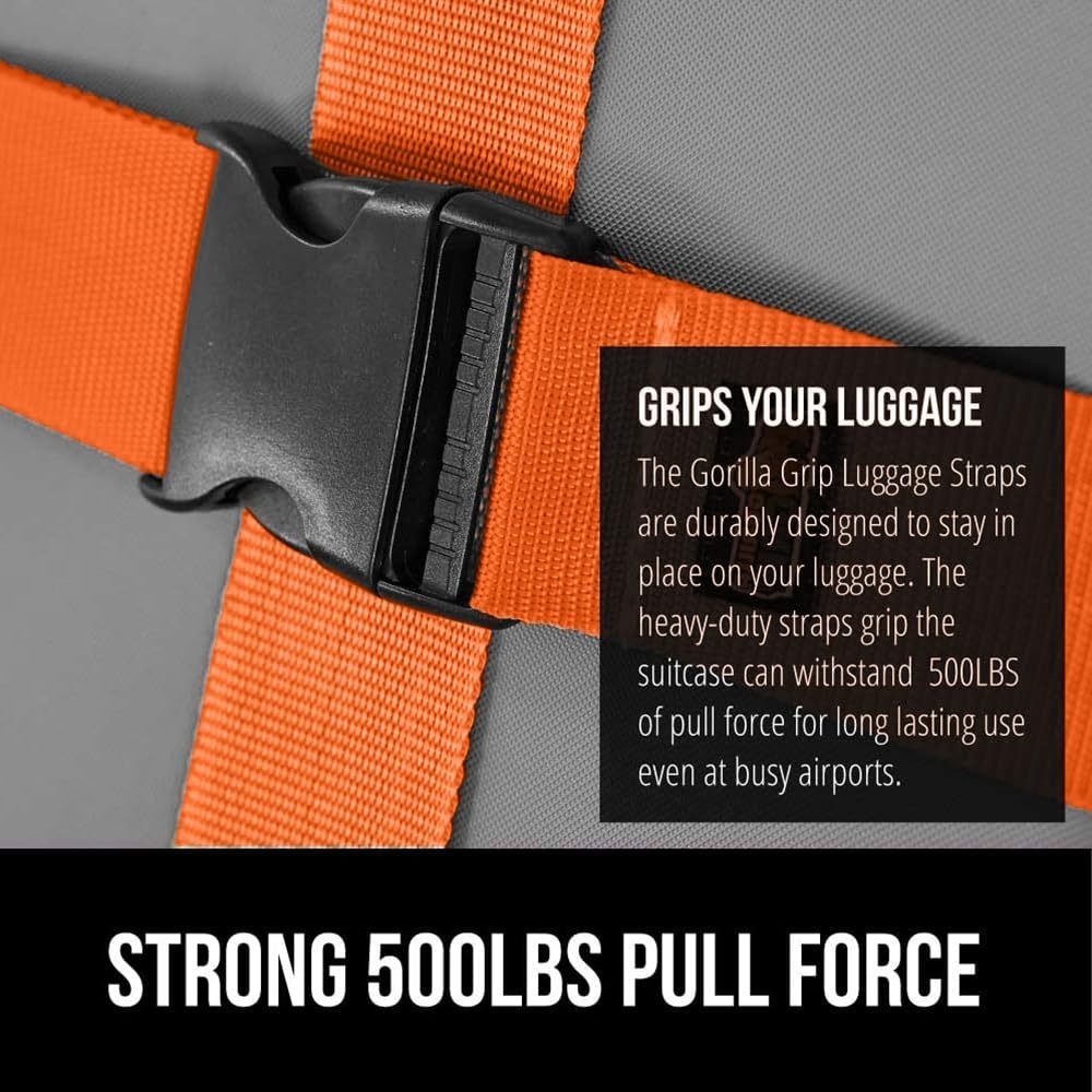 image:imageGORILLA GRIP Heavy Duty Adjustable Luggage Straps for Suitcases Easy to Identify Travel Belt Connector Holds Suitcase Together Extends Life of Bag Strap Connects Two Bags Accessories 2 Pack GreenOrange