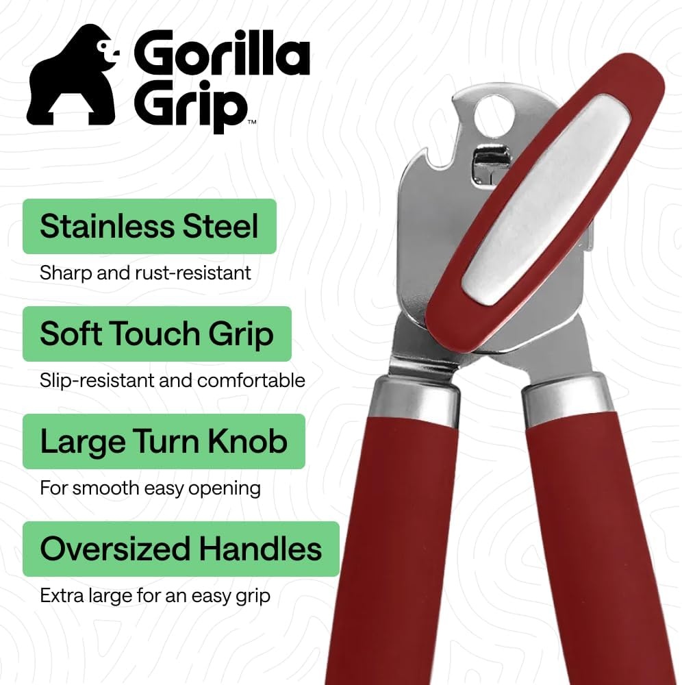 image:imageGORILLA GRIP Heavy Duty Stainless Steel Smooth Edge Manual Can Opener and Bottle Openers US Designed Comfortable Handle Oversized Handheld Turn Knob Multifunctional Kitchen Tool BlackRed