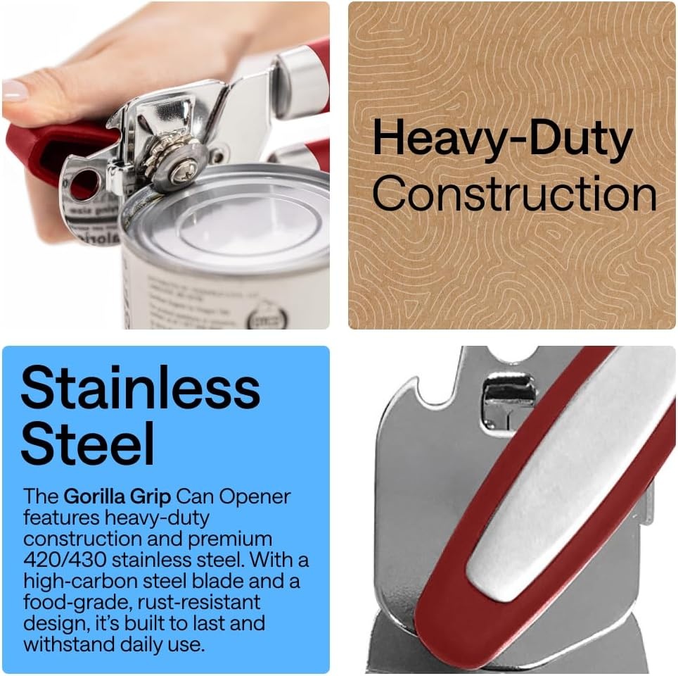 image:imageGORILLA GRIP Heavy Duty Stainless Steel Smooth Edge Manual Can Opener and Bottle Openers US Designed Comfortable Handle Oversized Handheld Turn Knob Multifunctional Kitchen Tool BlackRed