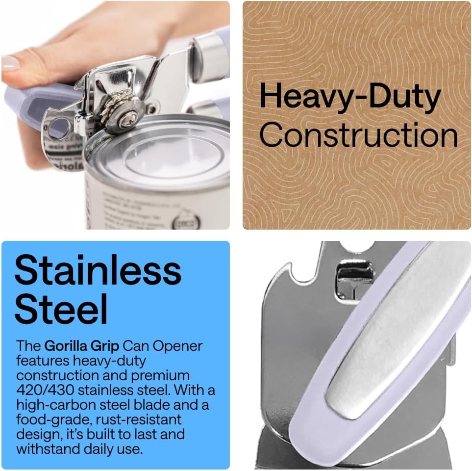 image:imageGORILLA GRIP Heavy Duty Stainless Steel Smooth Edge Manual Can Opener and Bottle Openers US Designed Comfortable Handle Oversized Handheld Turn Knob Multifunctional Kitchen Tool BlackLavender