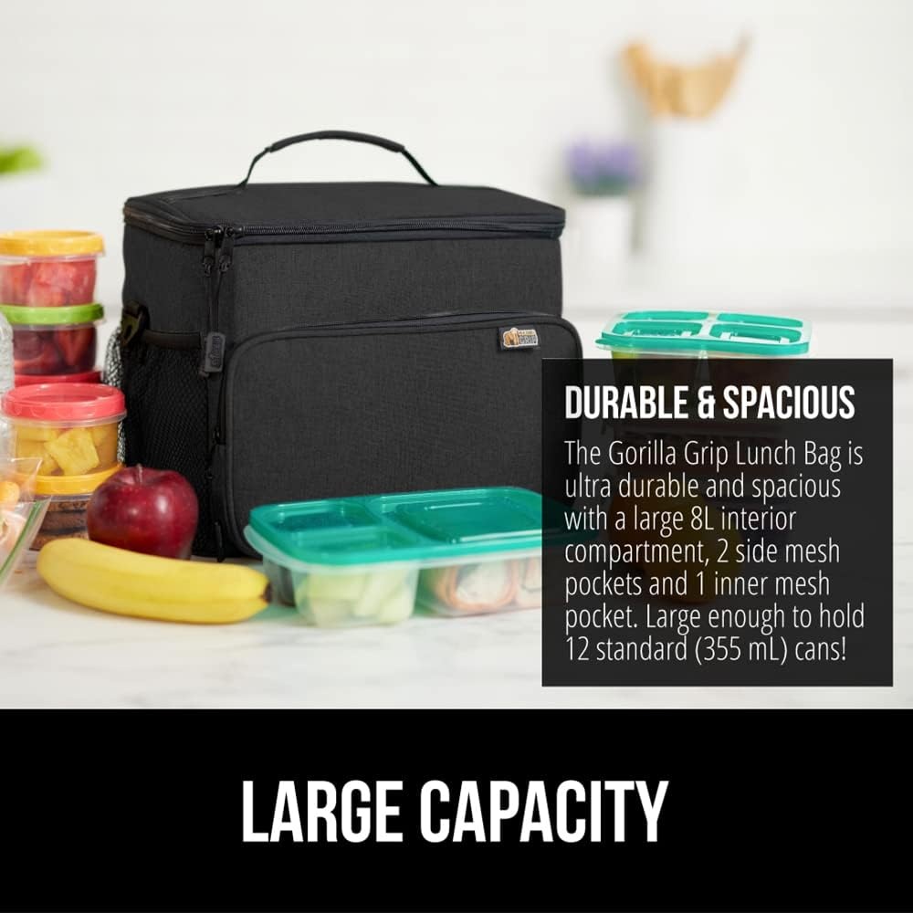 image:imageGORILLA GRIP Insulated Lunch Box Bag for Women Men15L Leakproof XL Reusable Soft Cooler Bags Multiple Compartments Mesh Pockets and Adjustable Strap Food Tote Keeps Drinks Cold 13x9 BlackBlack