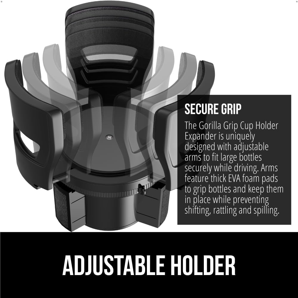 image:imageGORILLA GRIP Patent Pending Adjustable Car Cup Holder Expander Keeps Water Bottle Secure Expands to Fit 18 to 48 oz Large Bottles Yeti Owala Stanley with Handle Coffee Mug Insert for Cars BlackBlack